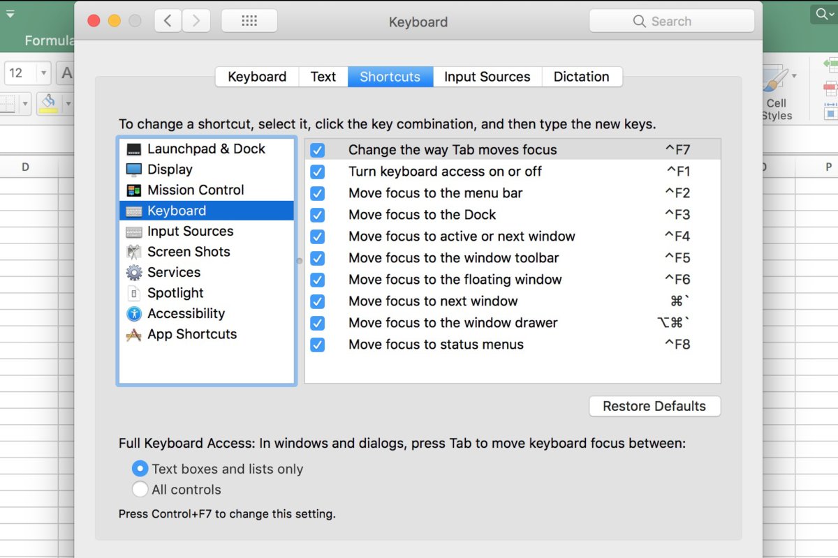Excel shortcut list for mac
